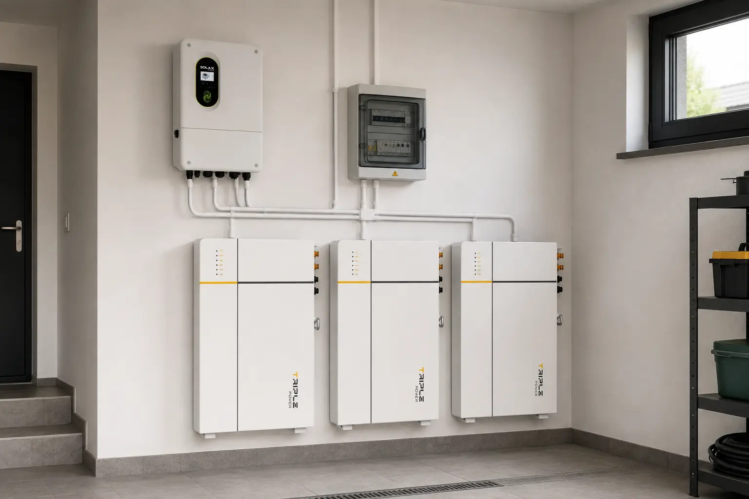 Przykładowy montaż systemu SolaX 15,9 kWh: falownik i trzy moduły baterii