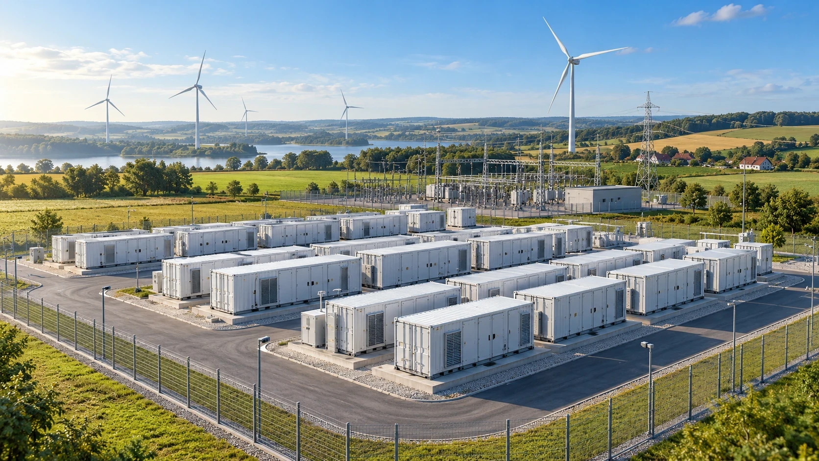 Rzędy jasnych kontenerów bateryjnych, stacja elektroenergetyczna i turbiny wiatrowe w zielonym krajobrazie. Wizualizacja AI.