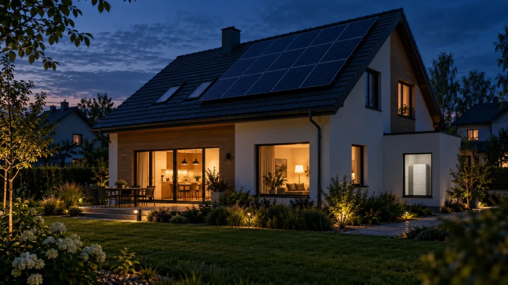 Wizualizacja domu z panelami fotowoltaicznymi o zmierzchu; oświetlone wnętrza i magazyn energii w pomieszczeniu technicznym.