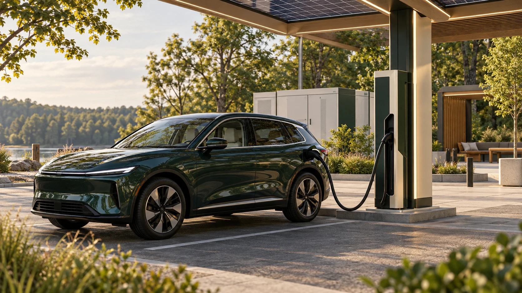 Wizualizacja samochodu elektrycznego podłączonego do publicznej ładowarki pod zadaszeniem z panelami fotowoltaicznymi; w tle szafy magazynu energii.