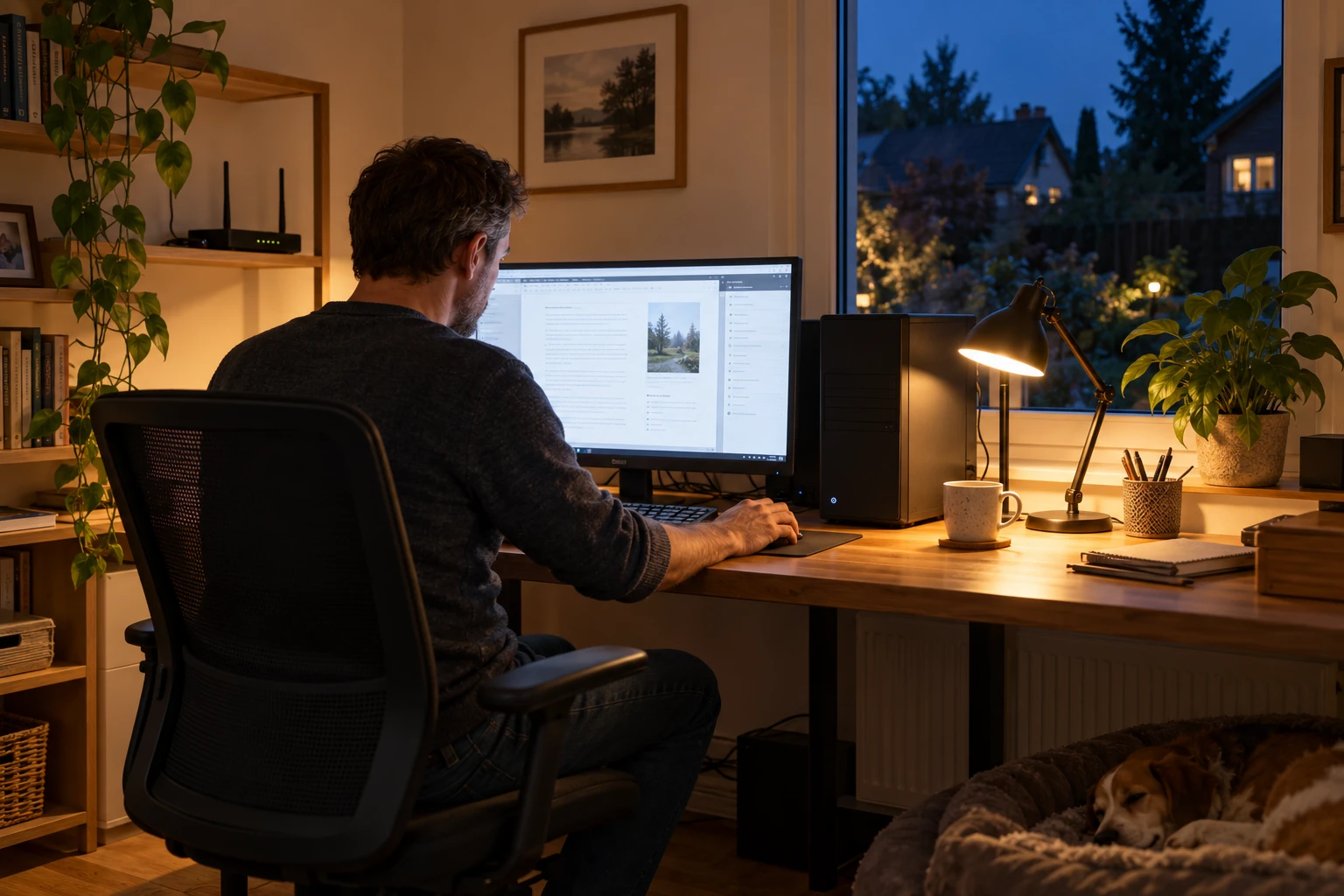 Ilustracja osoby pracującej wieczorem przy komputerze stacjonarnym; na biurku świeci lampka, obok stoi router.